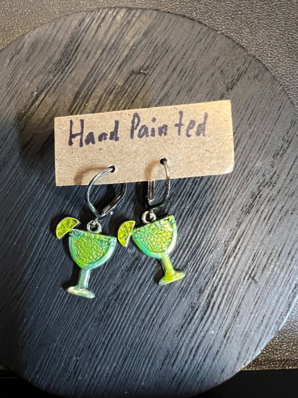 Margarita Glass Earrings, Hand Painted, Silvertone, UV Reactive